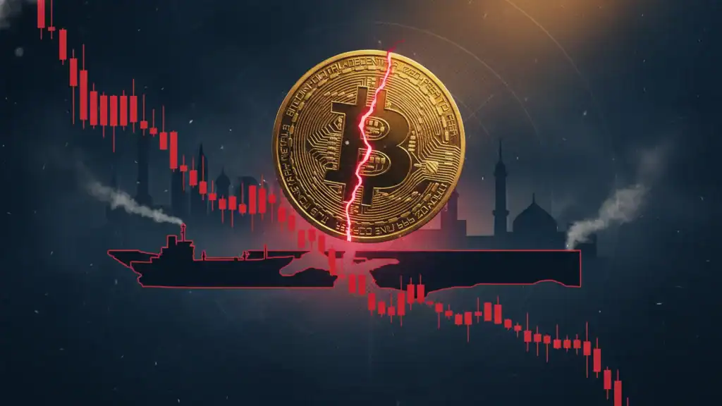 Bitcoin price chart dropping to $75,000 amid Strait of Hormuz closure and US-Iran war fears