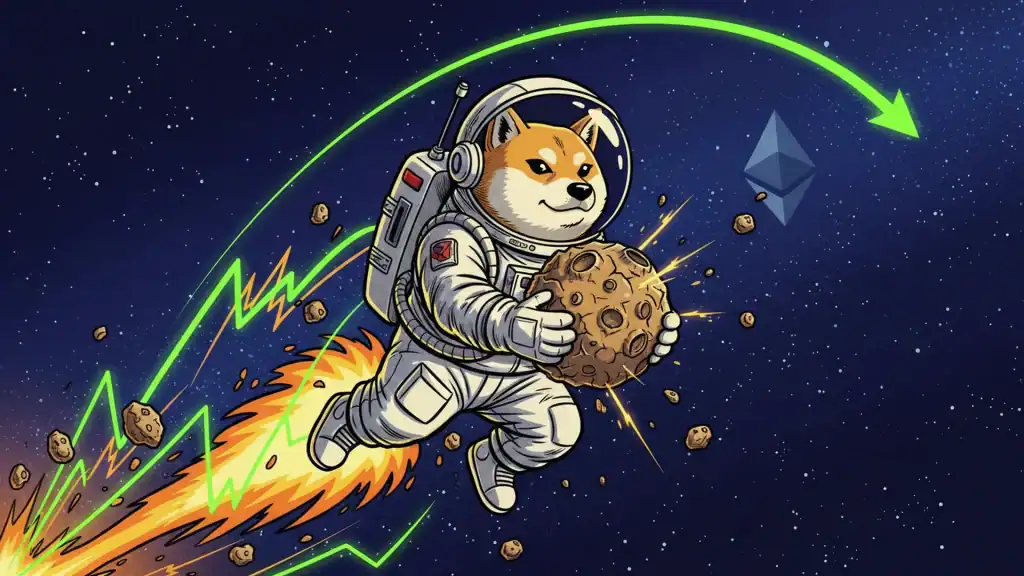 ASTEROID meme coin Shiba Inu mascot with ETH price chart showing 71000% surge