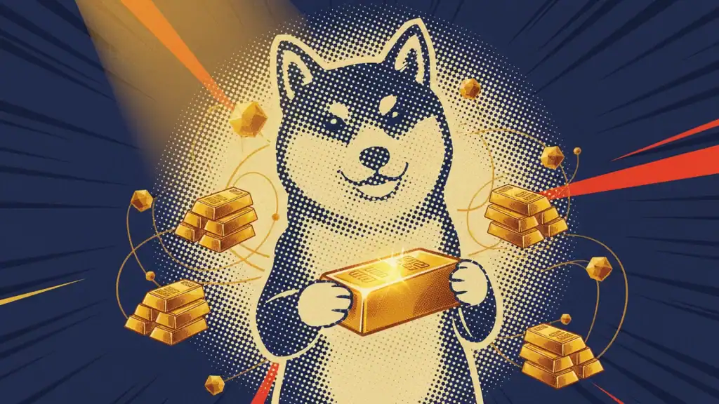 Dogecoin Gold tokenized gold token concept showing DOGE Shiba Inu mascot alongside gold bars and blockchain nodes