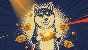 Dogecoin Gold tokenized gold token concept showing DOGE Shiba Inu mascot alongside gold bars and blockchain nodes